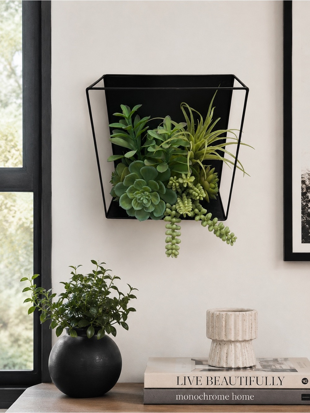 Ashland Faux Succulent Wall Planter Black Metal Geometric Hanging Wall Decor